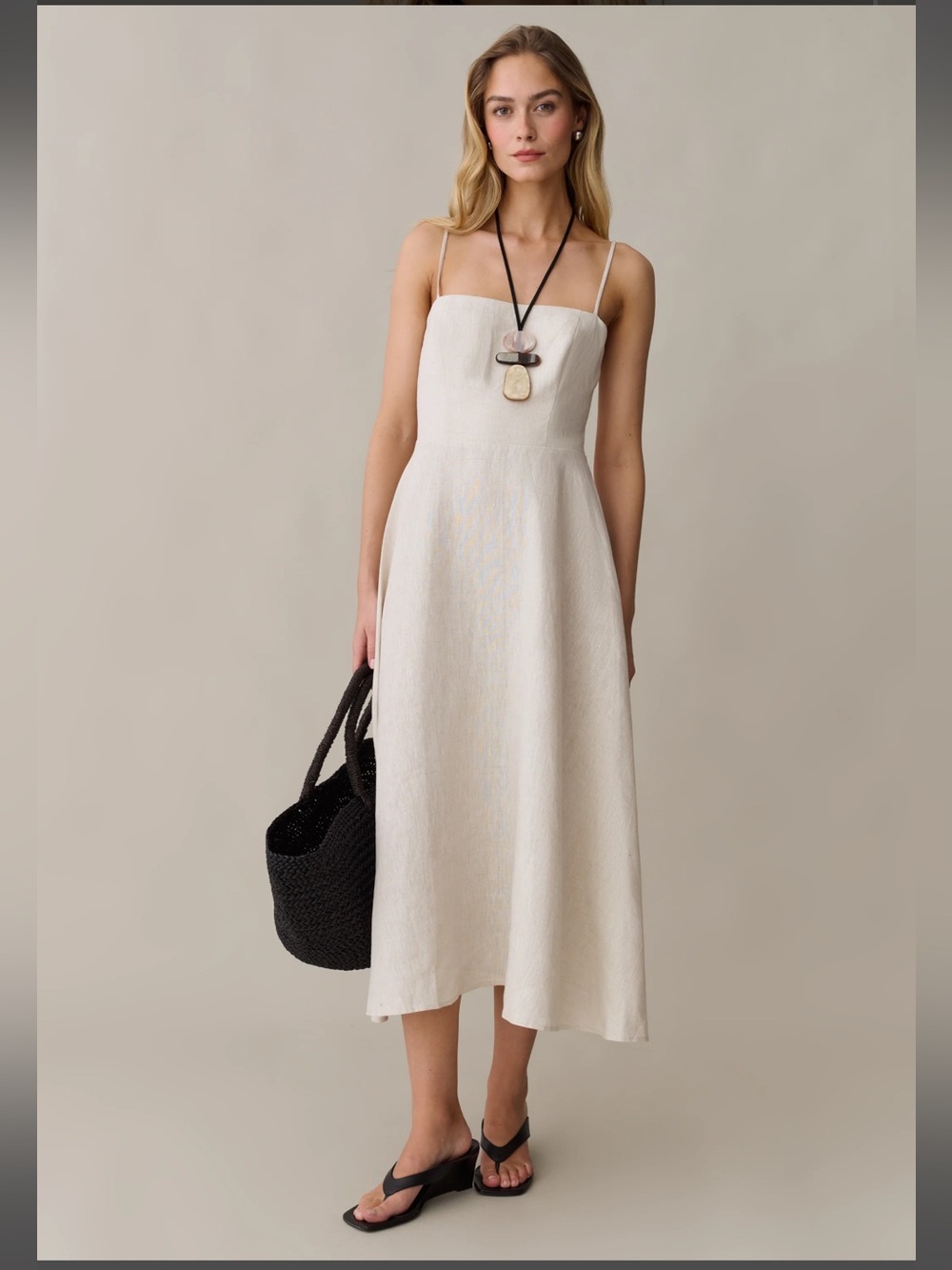Sleeveless Cream Midi Dress with Thin Straps